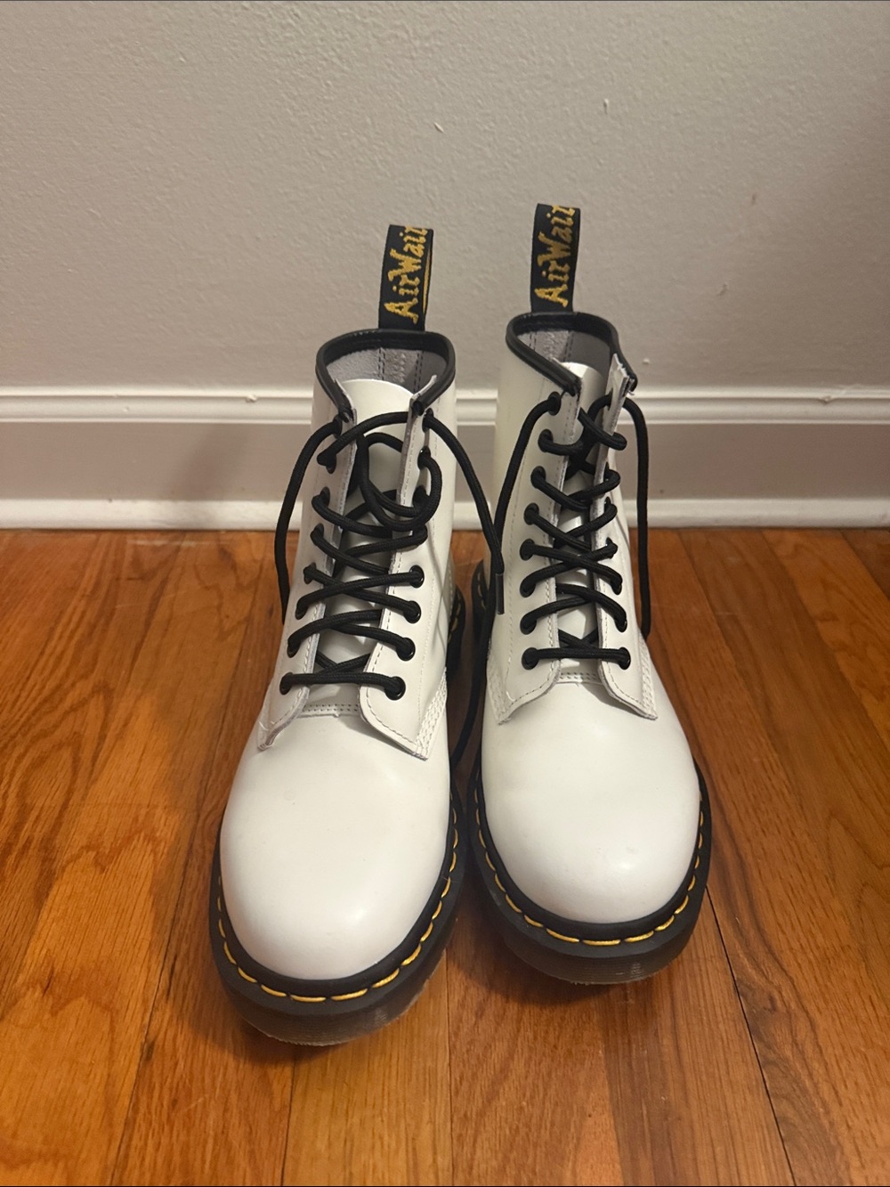 Dr. Martens White Leather Lace-Up Boots with Black Laces